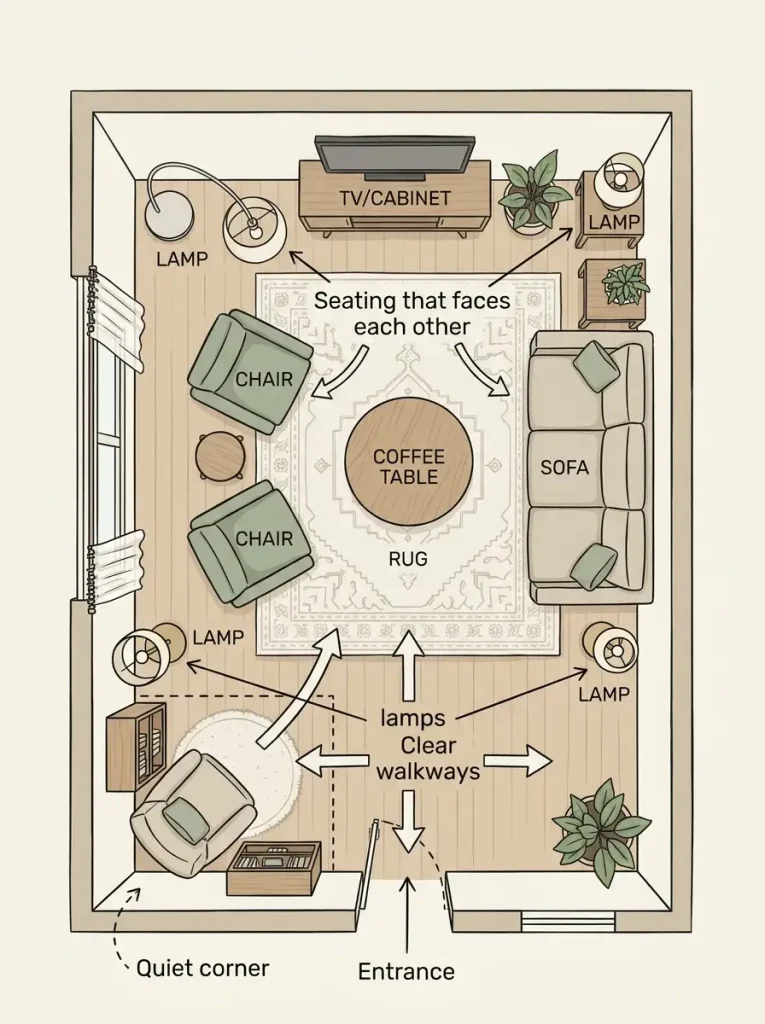 Living room floor plan showing conversation seating, layered lamps, a quiet corner, and clear walkways
