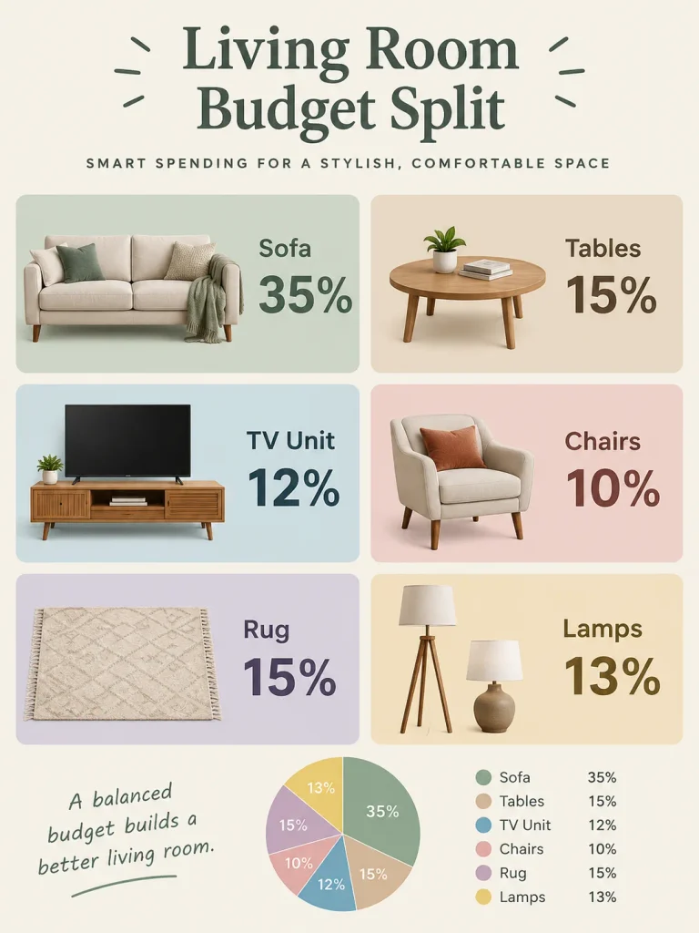 Living room furniture budget split showing sofa, tables, storage, rug, and lighting