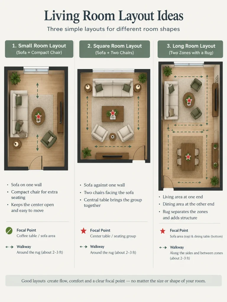 Living room furniture layout ideas for small, square, and narrow rooms