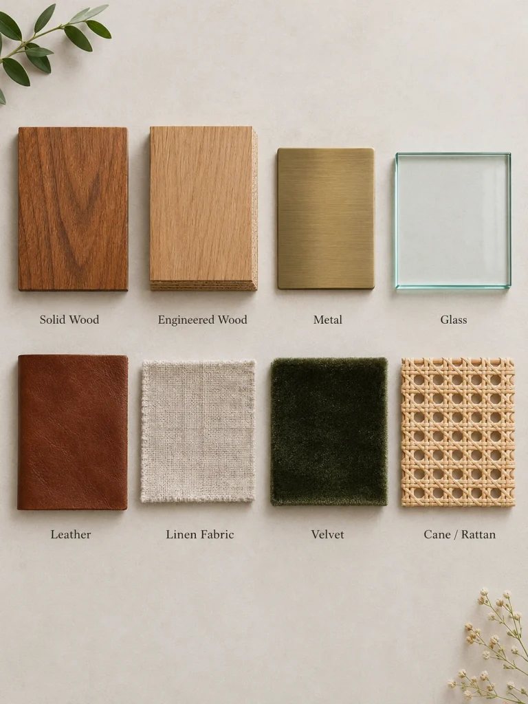 Living room furniture materials compared including wood, leather, fabric, and metal