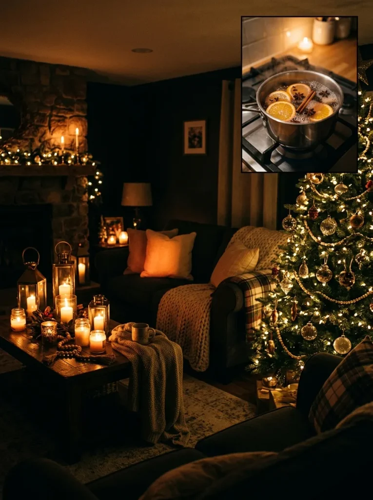 Living room glowing with warm Christmas lights and candles in the evening