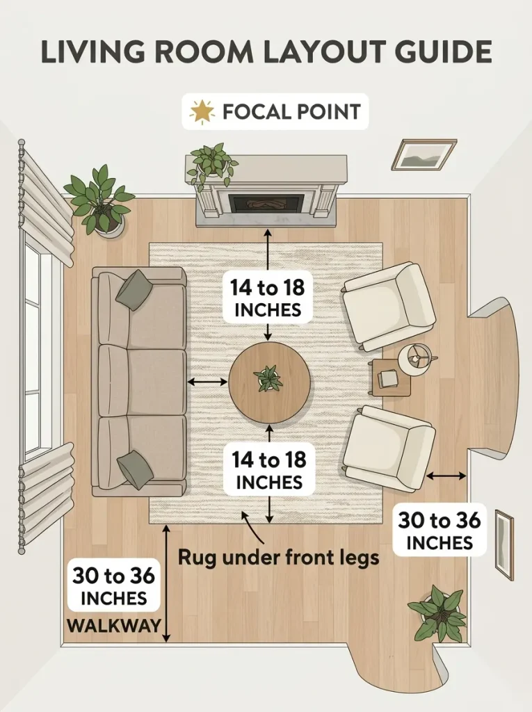 Living room layout diagram showing walkway and coffee table distances