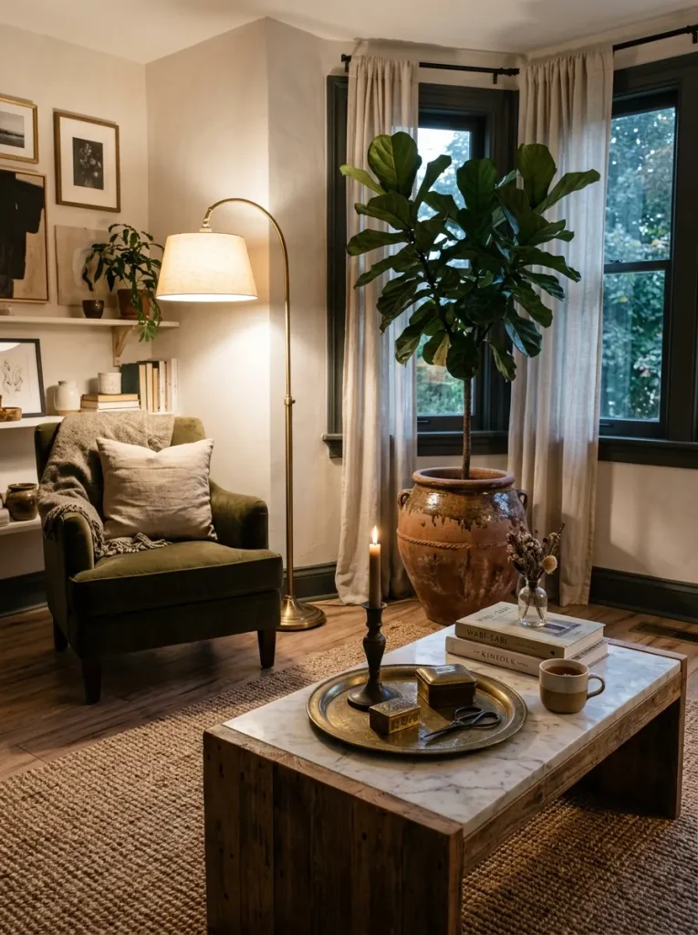 Living room styled to look expensive with an oversized plant, mixed textures, and vintage accents.