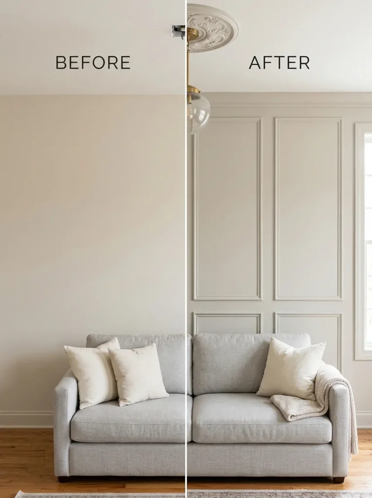 Living room wall with DIY picture frame molding painted in soft greige