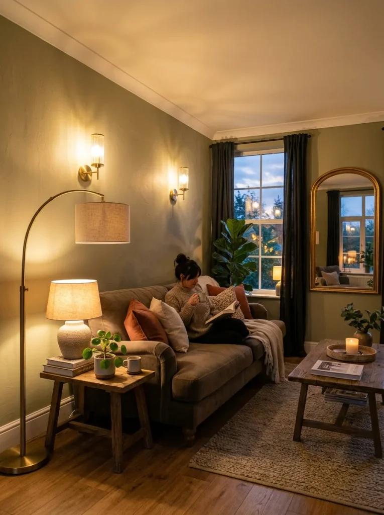 Living room with layered lighting and a mirror, showing a dopamine decor living room at night.
