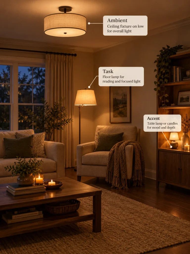 Living room with layered lighting from ceiling, floor lamp, and table lamp