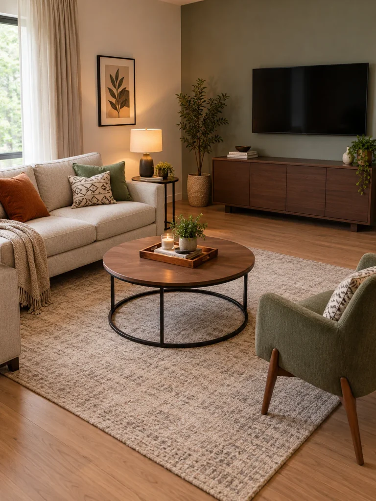 Living room with round coffee table, side table, accent chair, and closed TV unit with comfortable spacing