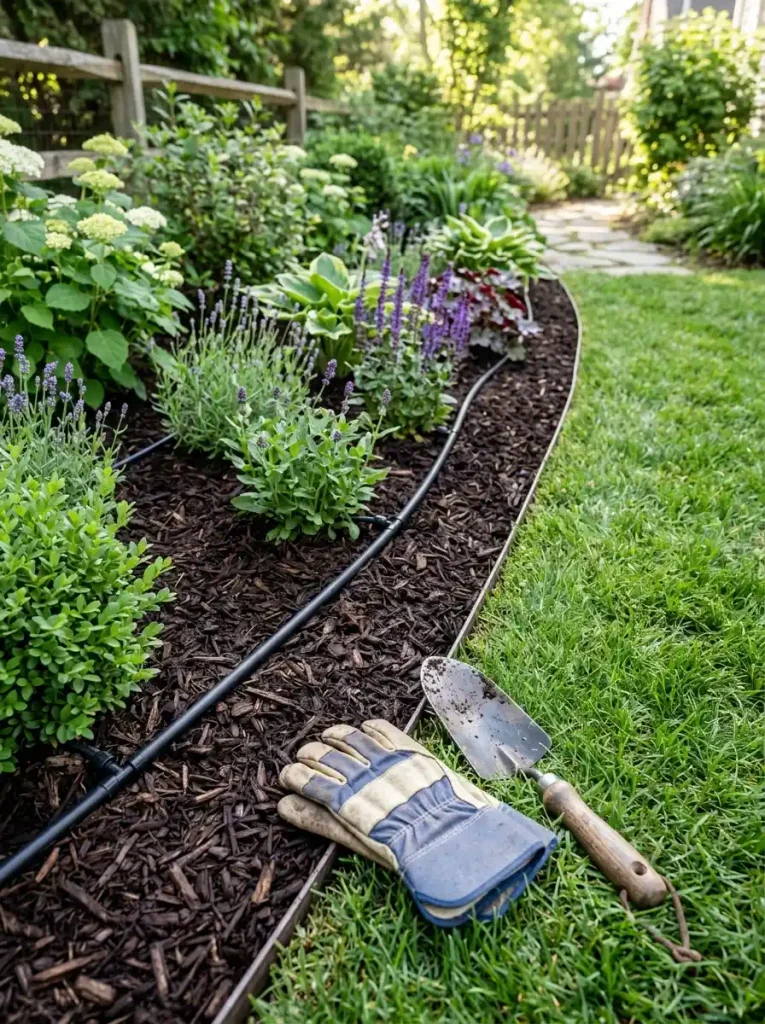 Low maintenance landscape gardening bed with mulch, drip irrigation and clean edging]