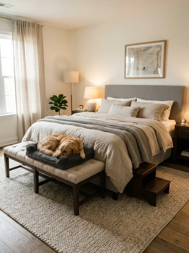  Luxury bedroom decor ideas with a dog resting on a bench at the foot of the bed