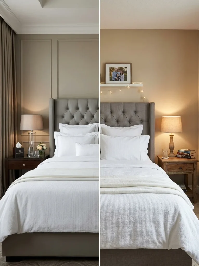 Luxury hotel bedroom compared with a home bedroom styled using hotel bedroom decor