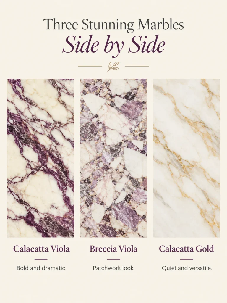 Marble swatches comparing Calacatta Viola, Breccia Viola, and Calacatta Gold for a viola marble kitchen