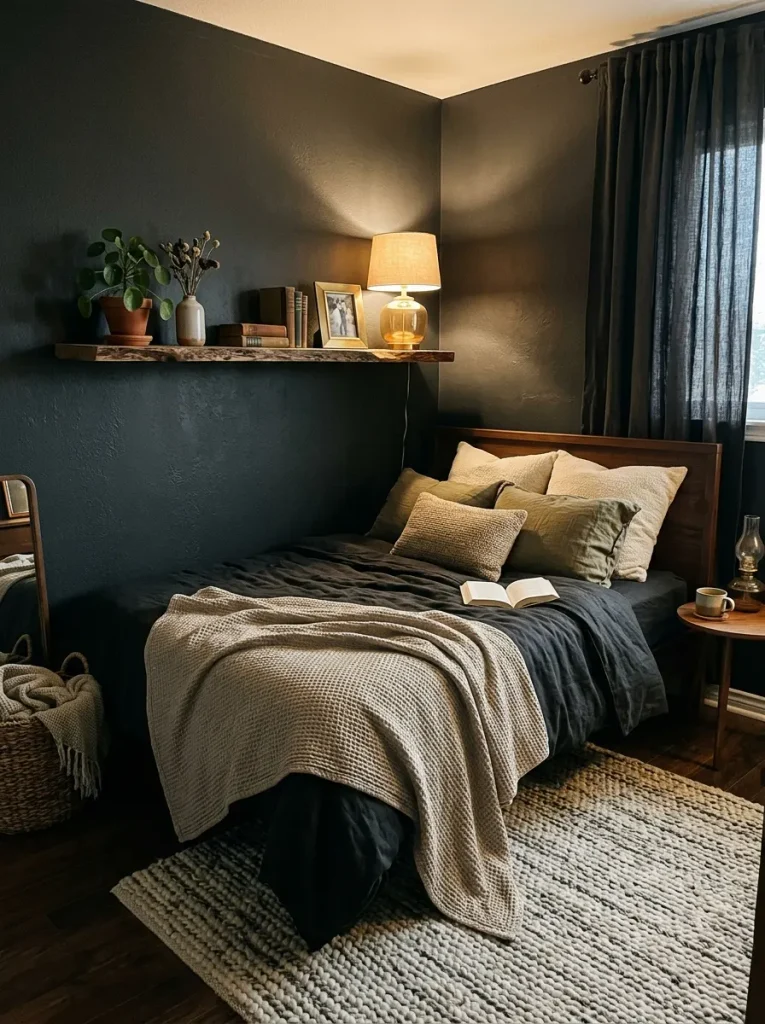 Masculine bedroom made warm with fabrics, lamps, and natural wood.