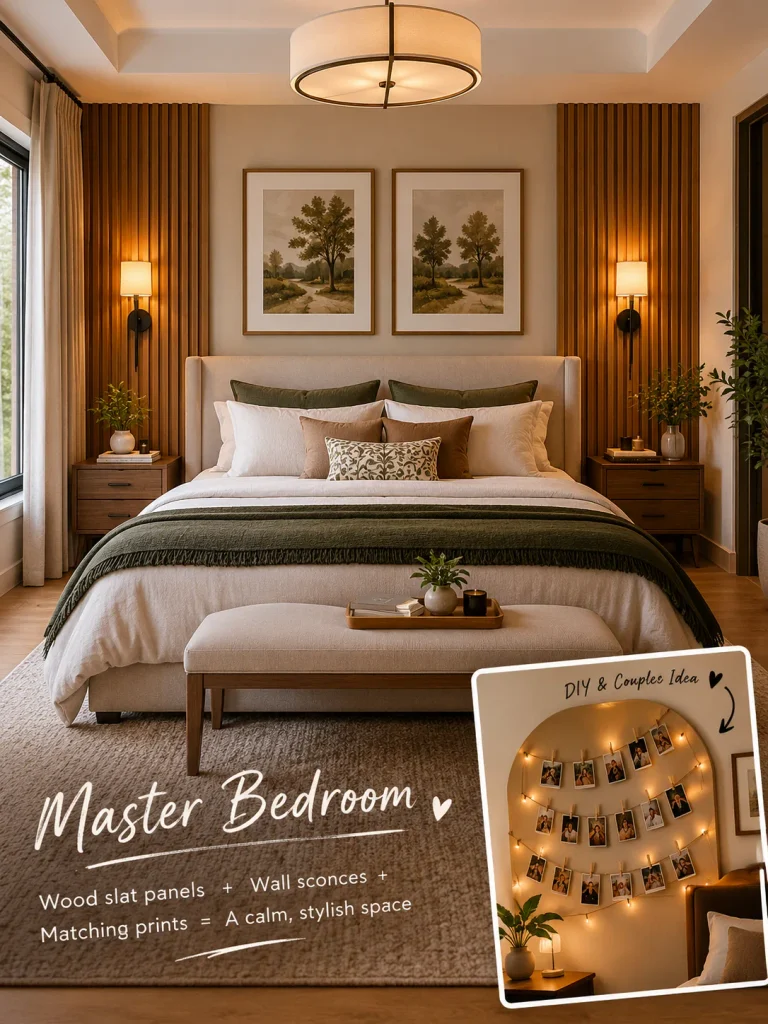 Master bedroom wall decor ideas for couples with wood panels and sconces.