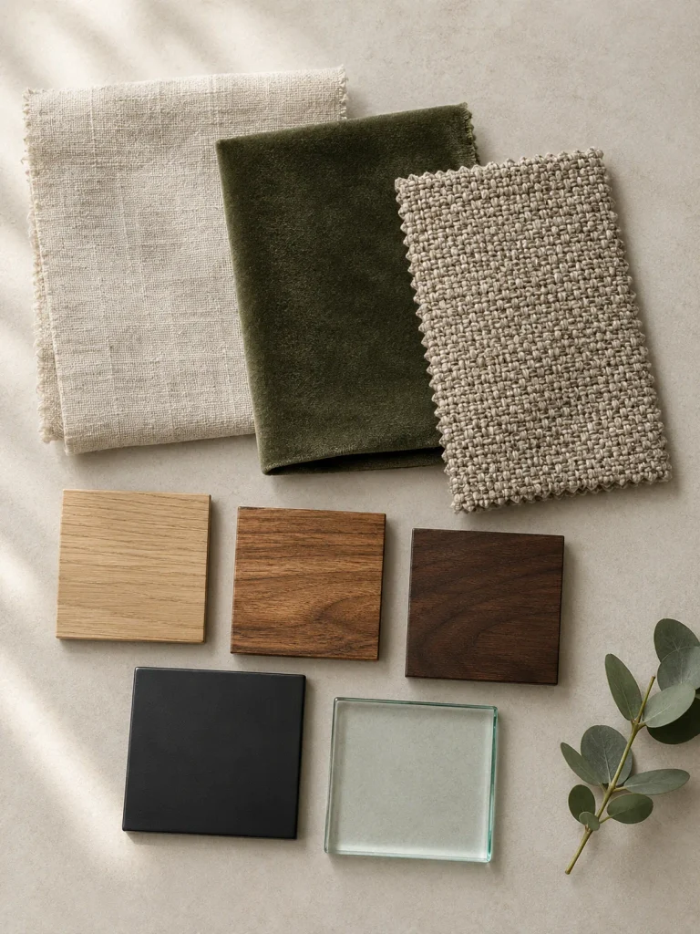 Material and color samples for living room furniture including fabric, wood tones, black metal, and glass