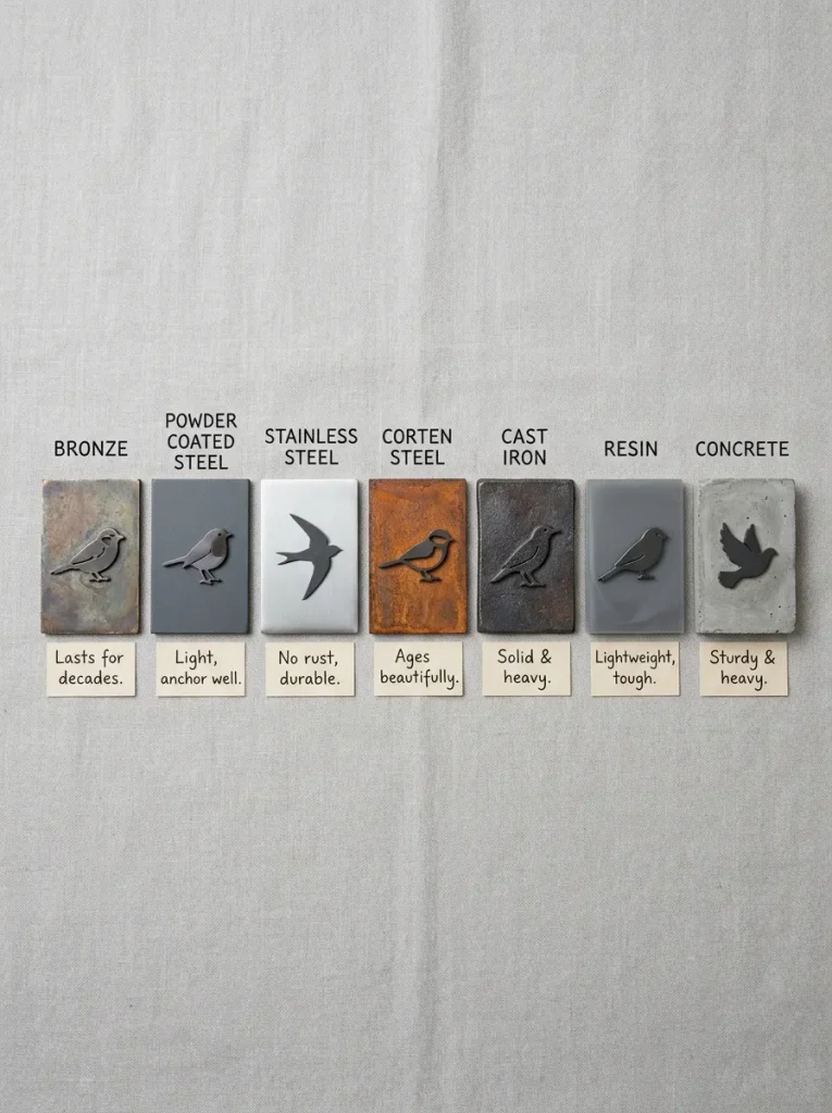 Material samples for metal garden decor and garden statues including bronze, steel, resin, and concrete