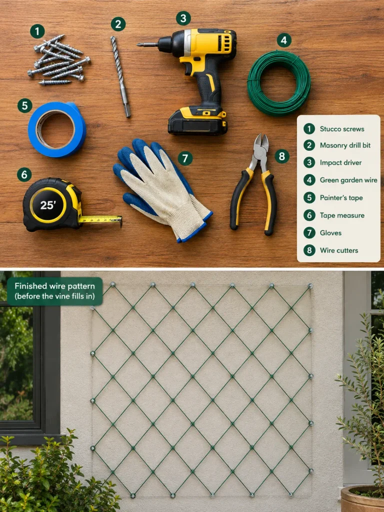 Materials for a DIY star jasmine trellis wall laid out on a table. 