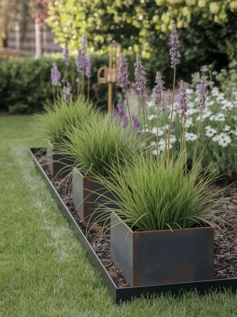Metal edging and weathering steel planters creating clean lines with garden decor metal