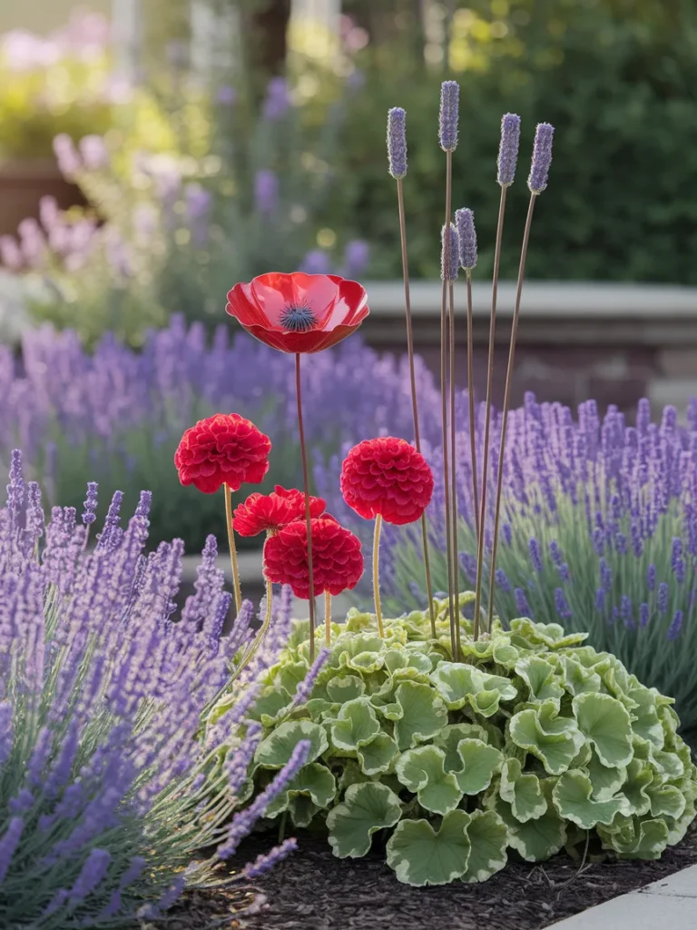 Metal garden flowers mixed with real geraniums and lavender for outdoor decor