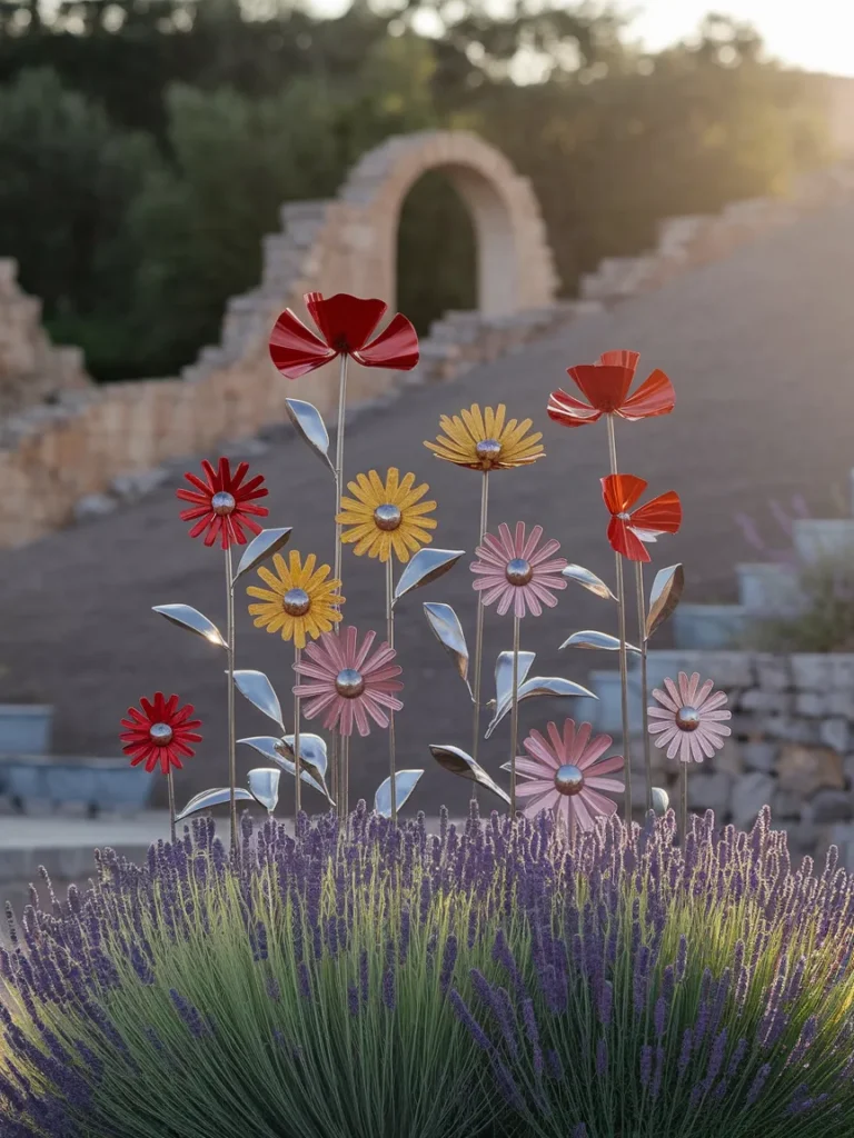 Metal garden flowers outdoor decor with red poppies, sunflowers, and daisies among real plants