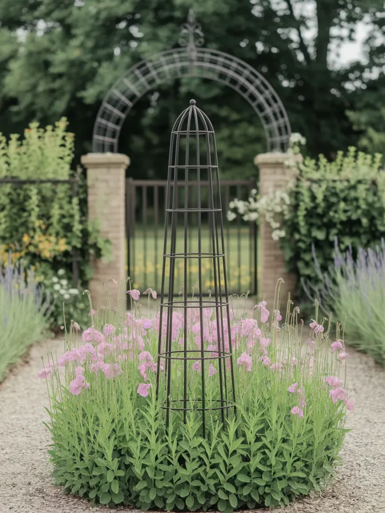 Metal obelisk with sweet peas and arbor over gate as garden decor metal for climbing plants