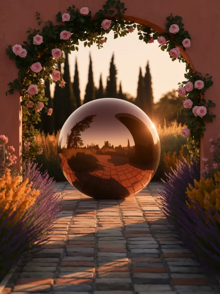 Metal sphere sculpture at the end of a garden path as a focal point in garden decor metal