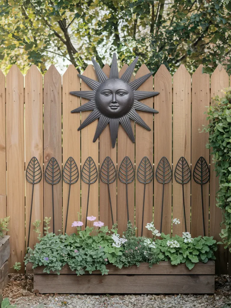 Metal sun and leaf wall art on a garden fence as outdoor garden decor metal