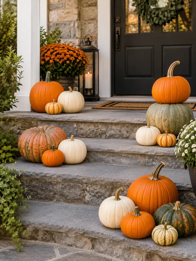 Mixed pumpkins and gourds arranged on porch steps for fall porch decor
