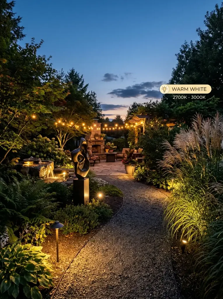 Modern garden lighting ideas with path lights, uplights, and string lights.