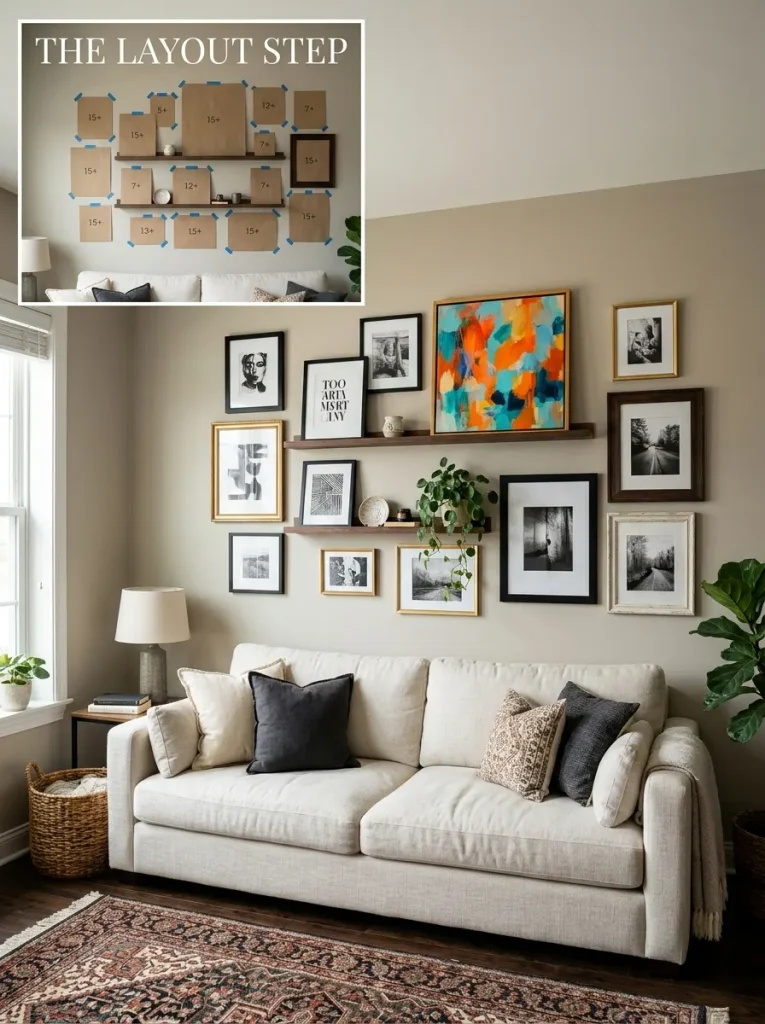 DIY gallery wall ideas above a sofa using picture ledges and thrift store frames.