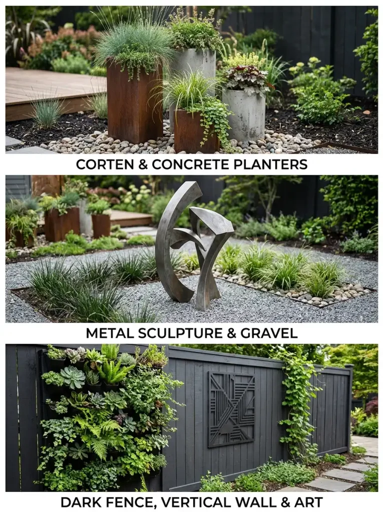 Modern garden planters, ornaments, and wall decor ideas.