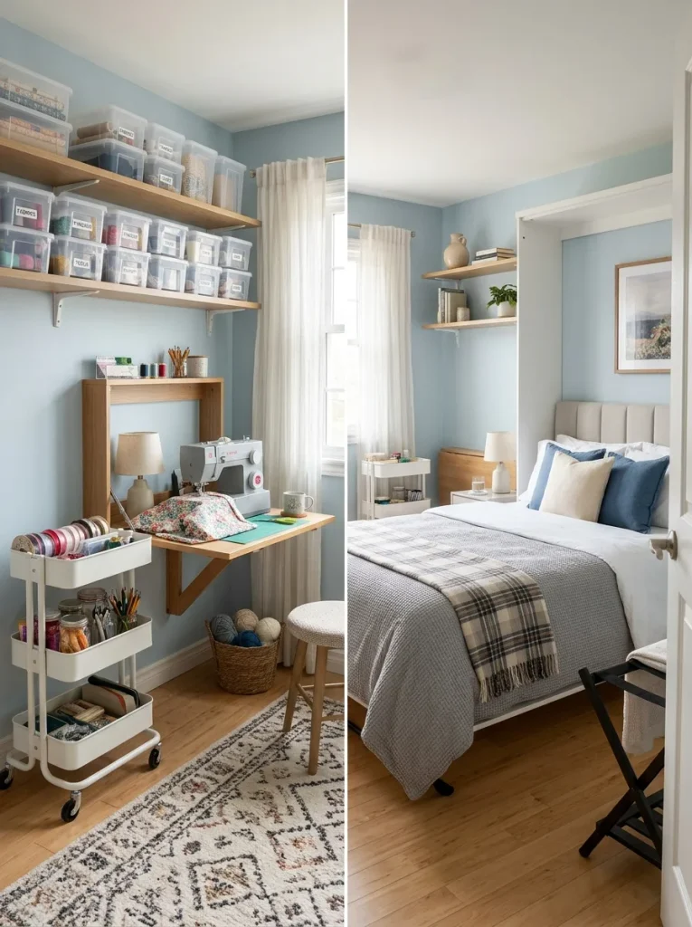 Multifunctional guest room shown as a craft office by day and a tidy guest bedroom after a quick reset