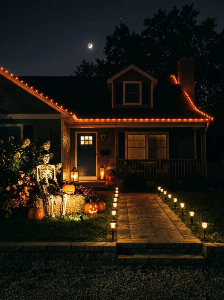 Night view of yard with spotlights, path markers, string lights, and lanterns lighting outdoor Halloween decor