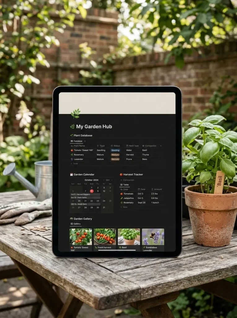Notion gardening template dashboard with plant database, calendar, and harvest tracker