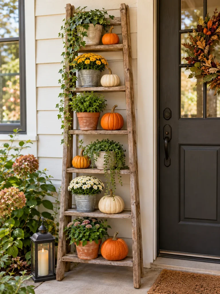 Old ladder styled with pumpkins and plants as budget front porch fall decor