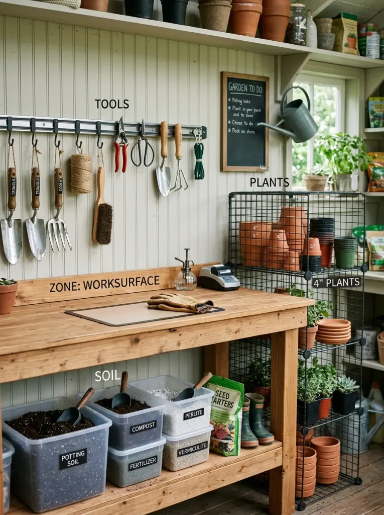 Organized gardening table with tool rack, labeled bins, and wire shelf for pots
