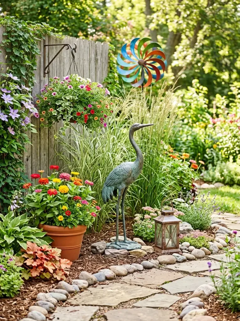 Outdoor garden decorations paired with a crane statue including a wind spinner, planters, hanging basket, and grasses