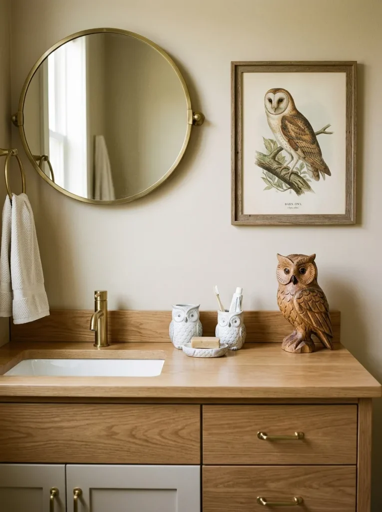 Owl bathroom decor on a vanity with ceramic accessories and a wooden owl.