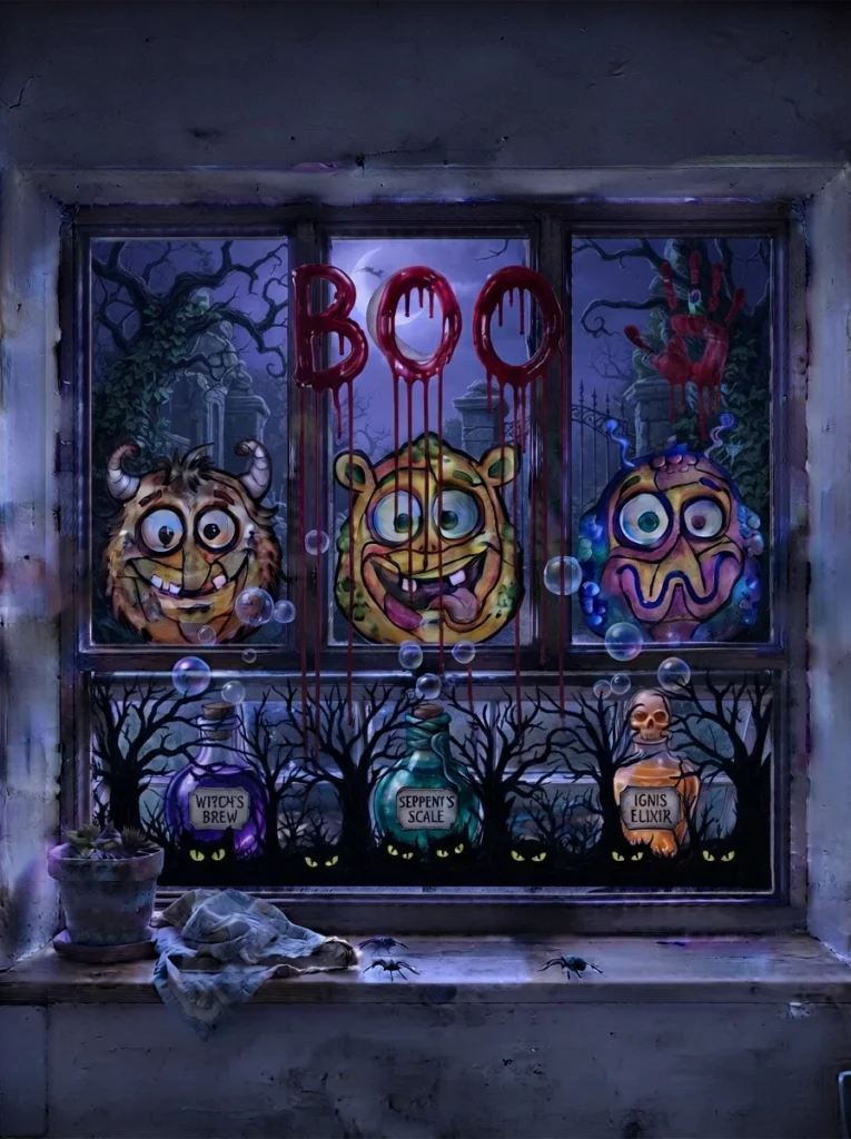 Painted dark forest with glowing yellow eyes on a Halloween window