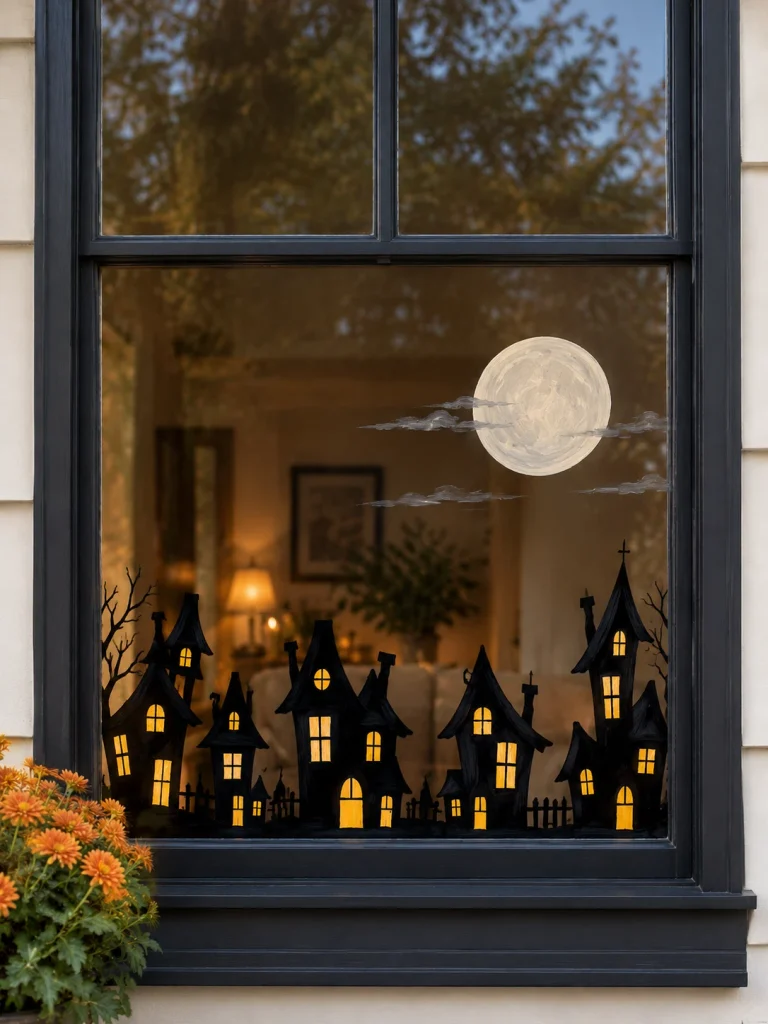 Painted haunted house village along the bottom of a window for Halloween