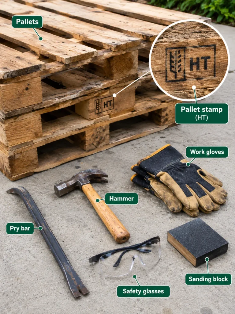 Pallet stack with tools and a heat treated stamp for outdoor pallet projects.