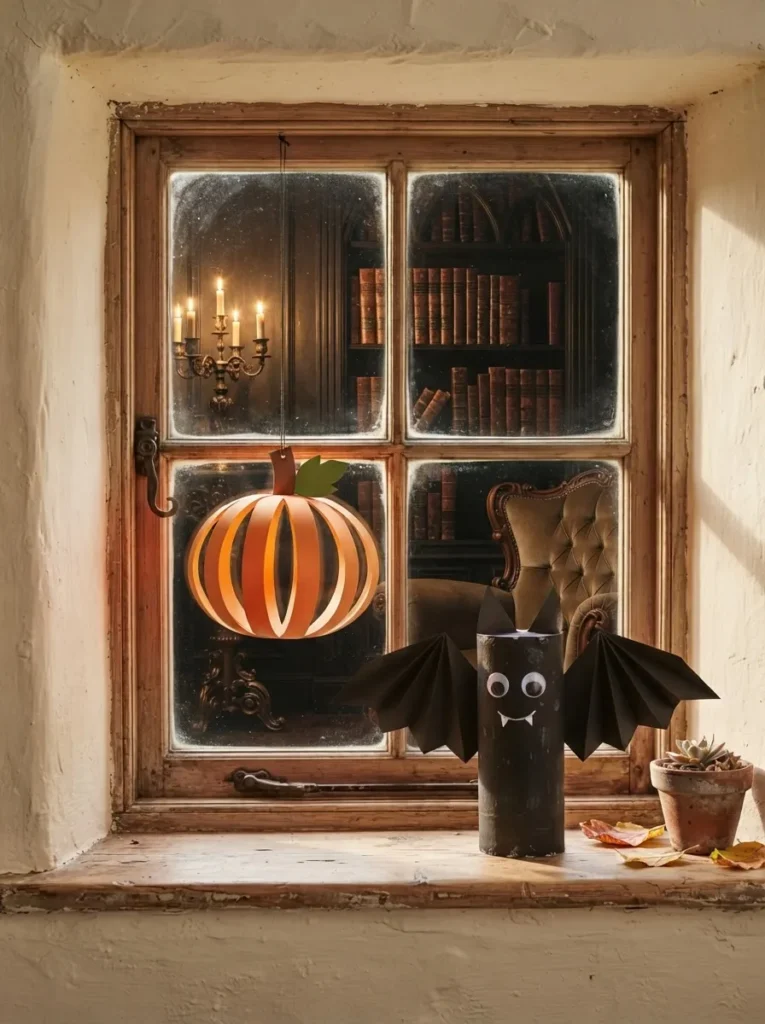 Paper tube bat and hanging paper pumpkin Halloween window craft