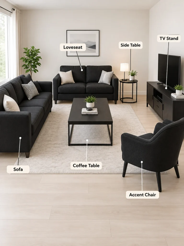 Parts of a black living room set including sofa, chair, coffee table, and TV stand