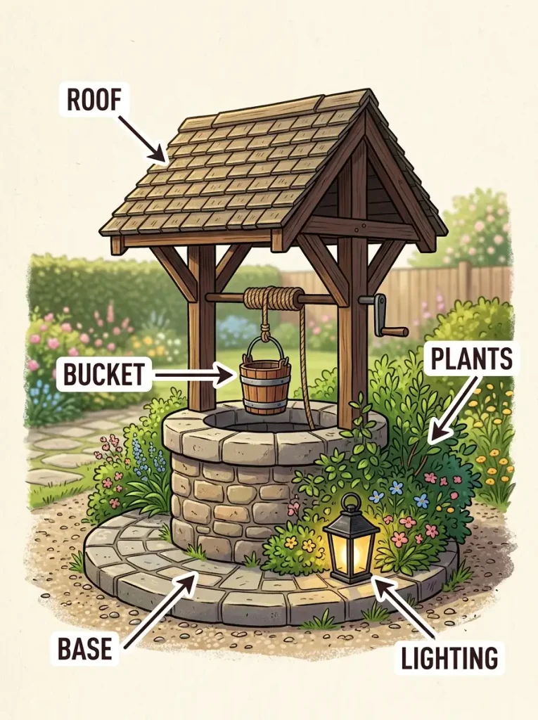 Parts of a decorative garden well including the roof, bucket, base, plants, and lighting