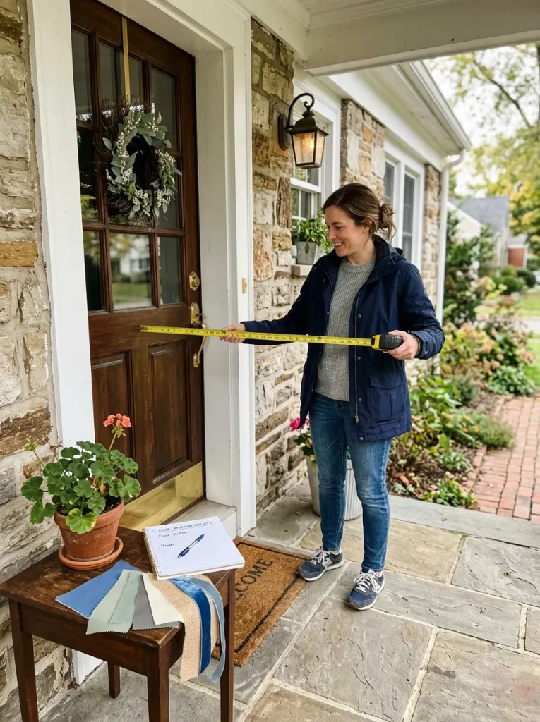 Person measuring a front door before choosing Christmas door decorations.