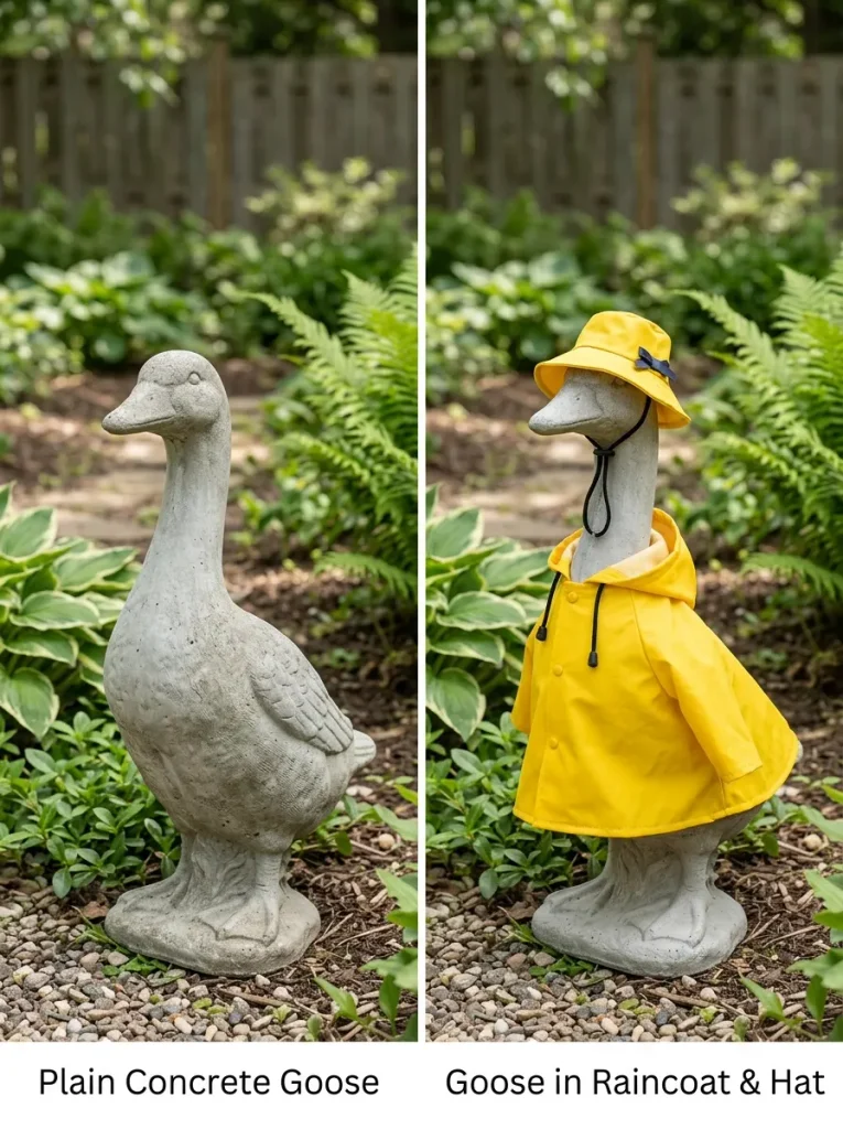 Plain concrete porch goose next to the same porch goose wearing a raincoat and hat