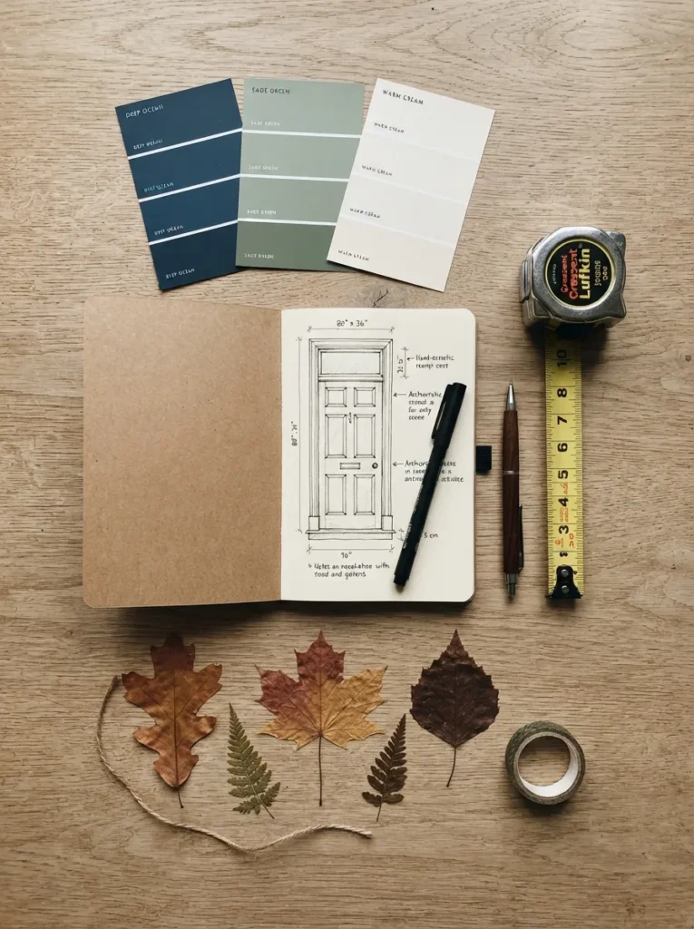 Planning a front door fall decor look with color swatches and a sketch