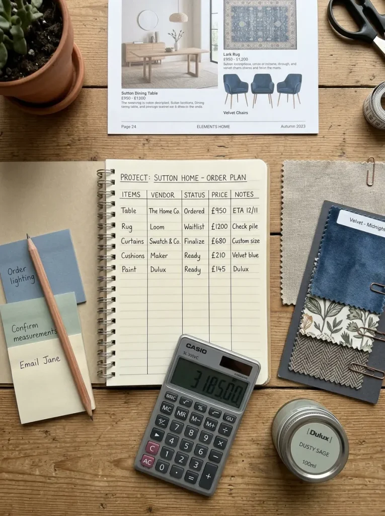 Planning desk with notebook, calculator and samples for a first wholesale garden decor order