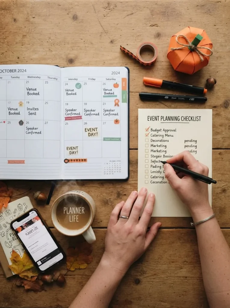 Planning materials for a Halloween door decorating contest on a desk