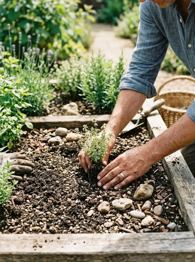 Planting a thyme seedling in well drained soil for gardening thyme success