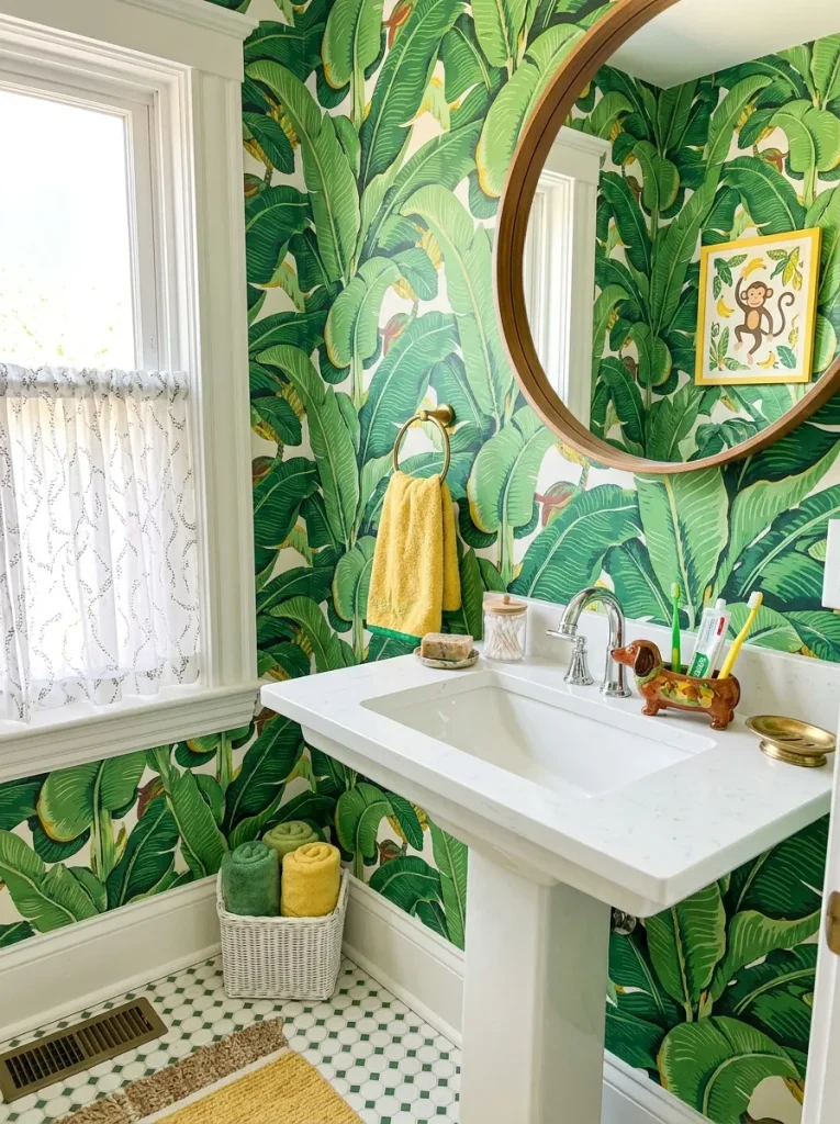 Playful monkey and dachshund bathroom decor in a bright guest bathroom.
